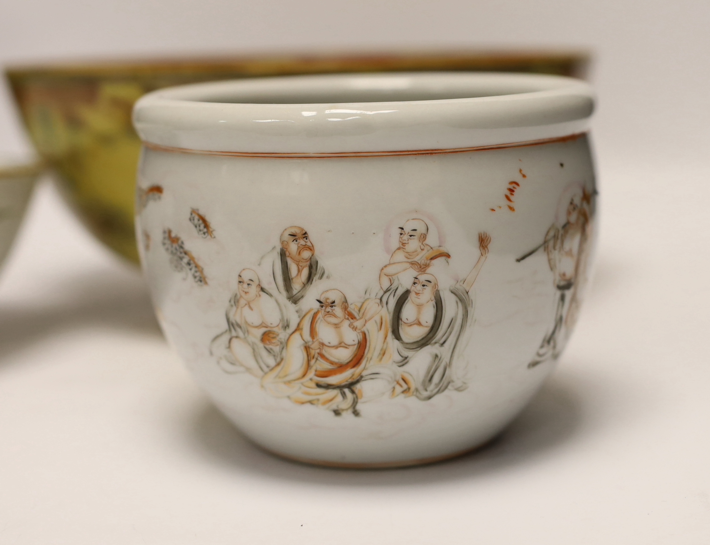 Two Chinese famille rose bowls and a small jardiniere